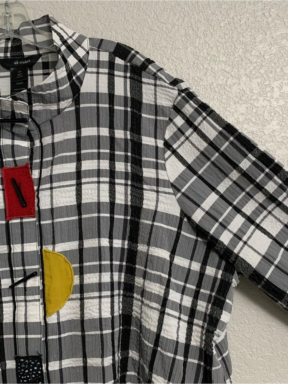 Ali Miles Blouse Top Women 2X Button Front Tunic Plaid Geometric Pockets Artsy - Picture 5 of 15
